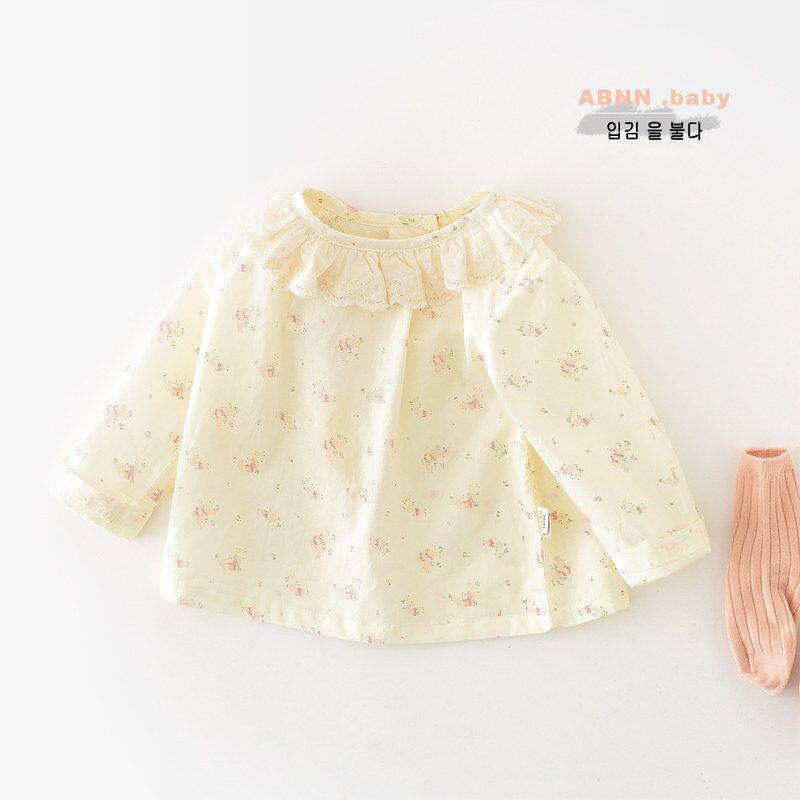 婴儿纯棉娃娃衫春季新款女童长袖碎花衬衫宝宝薄款花边水滴领上衣