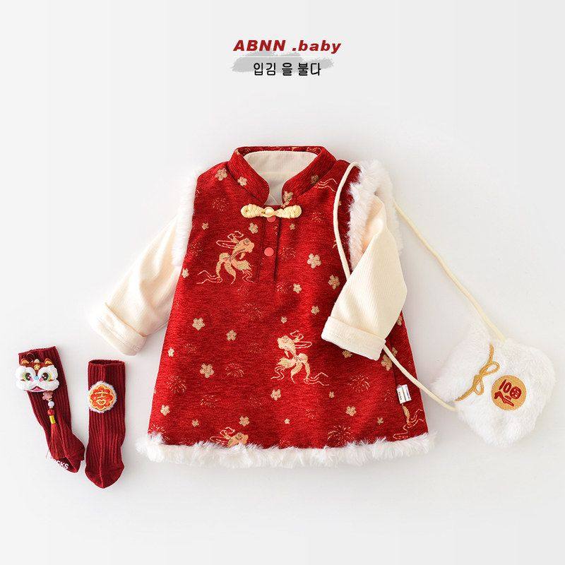 女宝宝加厚连衣裙婴儿夹棉背心裙中国风周岁礼服女童拜年服旗袍裙