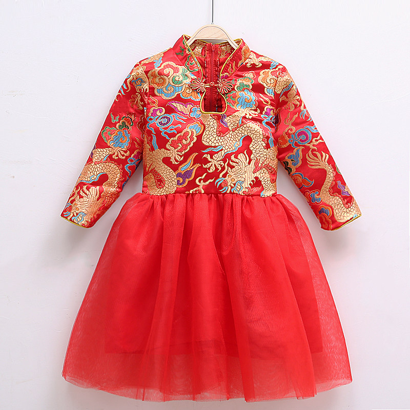 中国风儿童旗袍古筝演出服女童宝宝新年唐装表演长袖中式礼服秋冬