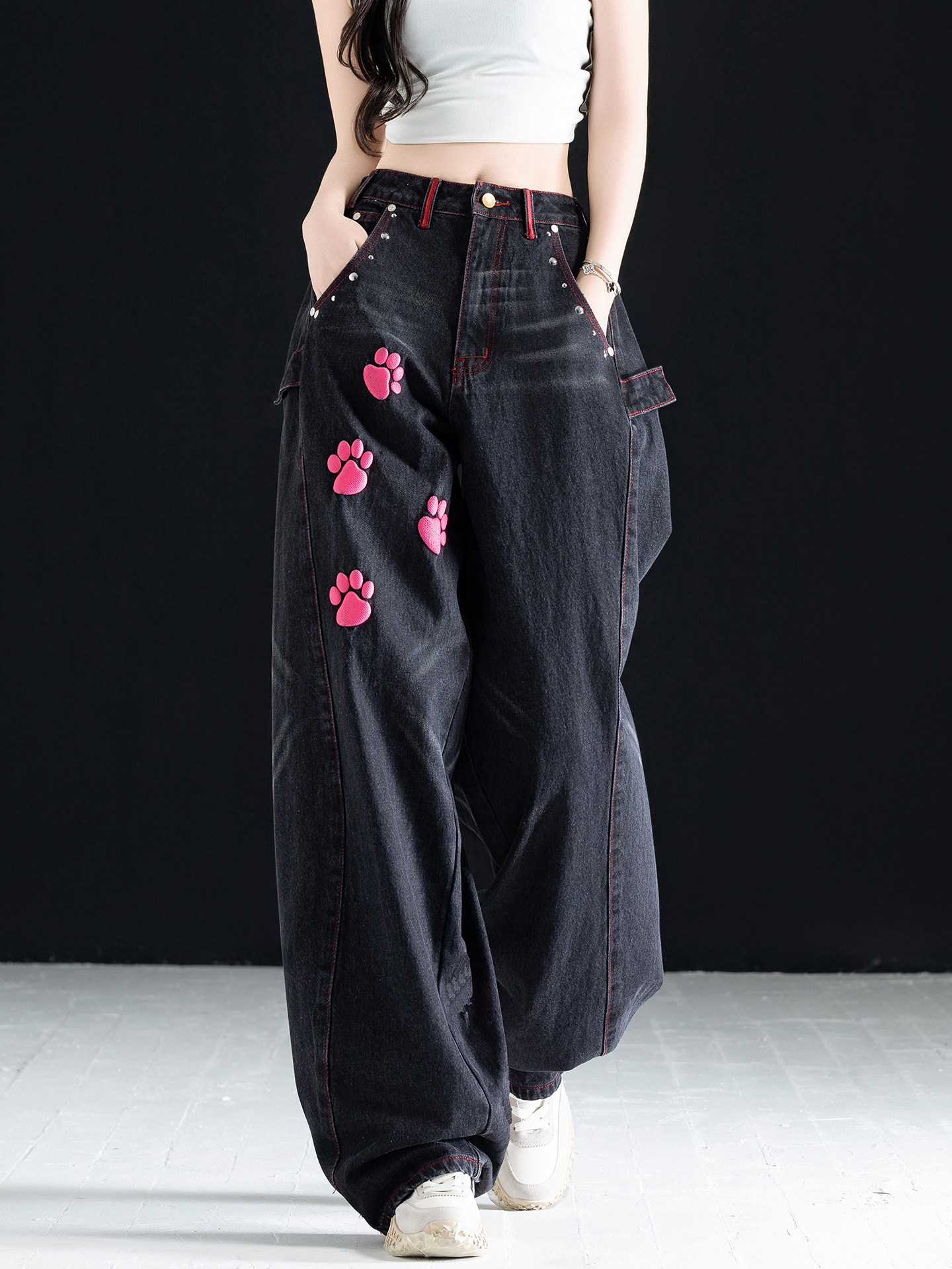 卡通涂鸦牛仔裤女2025新款秋季高腰阔腿裤宽松时尚美式工装风裤子,女装/女士精品,牛仔裤,淘宝优惠券,粉丝福利购,淘宝优惠卷