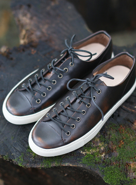 意大利手工真皮做旧阿美咔叽复古百搭休闲低帮工装板鞋鞋子男潮鞋