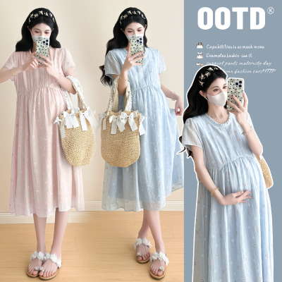 2025夏季孕妇装气质温柔百褶领长款天丝连衣裙高质量