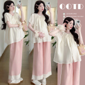 蕾丝拼接阔腿裤 夏季 上衣 宽松花朵仙气娃娃衫 孕妇两件套 法式