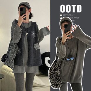 马甲背心马甲宽松型T恤上衣孕妇外穿紧身打底裤 秋季 提花针织无袖