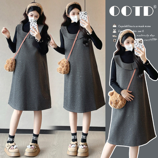 连衣裙套装 高品质秋冬新款 甜美宽松气质洒金羊毛呢孕妇大码