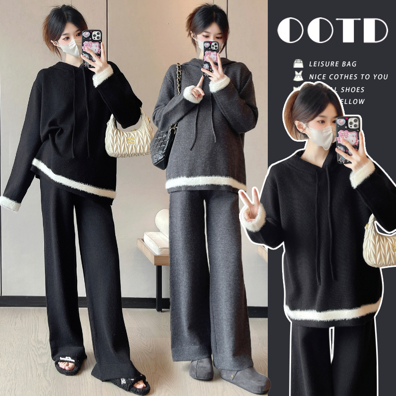 孕妇装秋套装休闲宽松连帽针织毛衣上衣秋冬慵懒风两件套