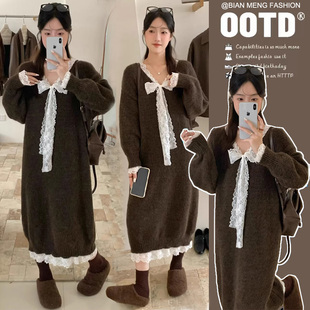 孕妇秋冬慵懒风蝴蝶结蕾丝系带针织连衣裙显瘦软糯打底毛衣潮