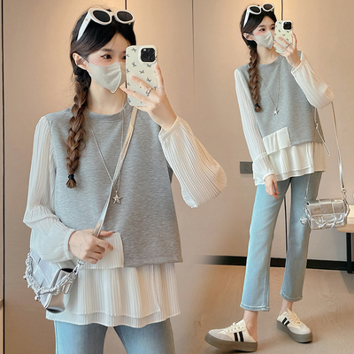 2025早秋新款孕妇装设计感宽松时尚假两件不规则百褶卫衣上衣