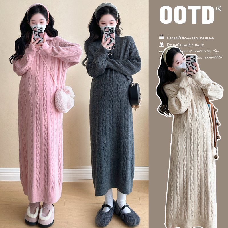 2025孕妇秋冬麻花毛衣连衣裙半高领拉链翻领直筒针织孕期连衣裙