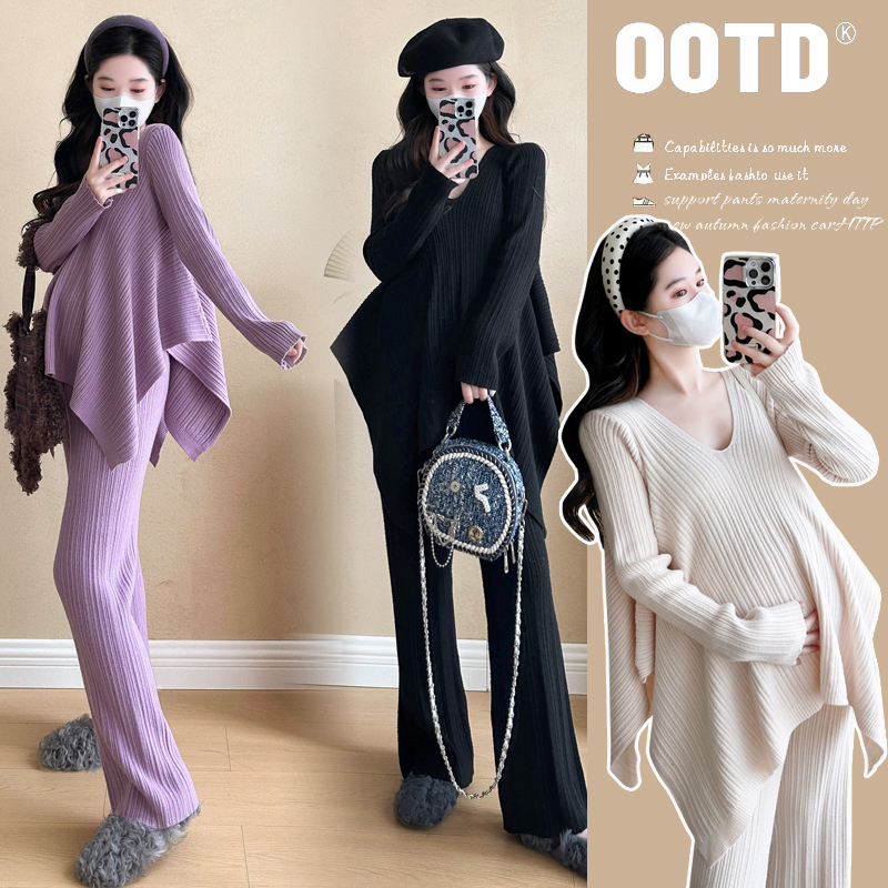 2025秋冬新款时尚设计针织孕妇设计感上衣+阔腿织毛衣套装