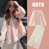 秋季 套装 新款 白色阔腿裤 提花波点宽松遮肚娃娃衫 已处理