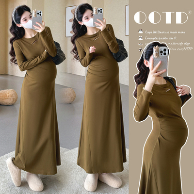 现 孕妇装长袖显瘦修身加绒加厚连衣裙气质长款裙子秋冬新款