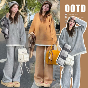 针织休闲套装 时尚 慵懒风连帽宽松两件套 孕妇秋冬新款 2025新款