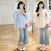 大码 小清新宽松圆领荷叶边拼接娃娃衫 上衣 孕妇装 春季