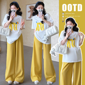 宽松印花纯棉短袖 新款 T恤 直筒裤 两件套 现 孕妇套装 夏季