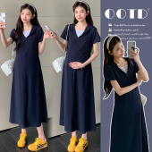 2025孕妇夏季 假两件连帽腰部收褶休闲日常懒人孕妇裙 爆款