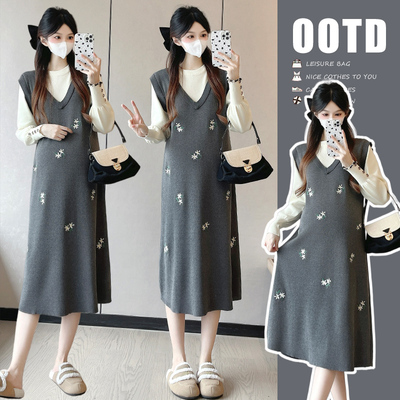 秋冬加厚假两件重工刺绣A字连衣裙