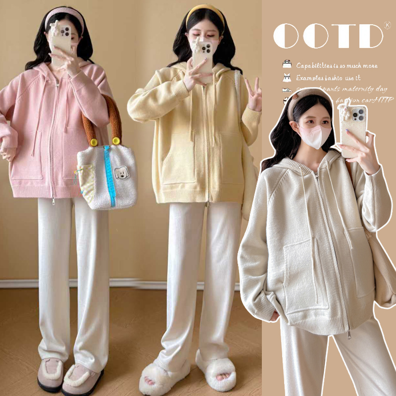 2025优质款孕妇秋冬时尚宽松显瘦减龄连帽加厚毛衣开衫外套