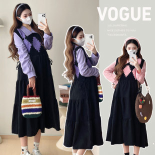 孕妇装秋装新款菱形格拼接polo领连衣裙俏皮减龄裙子