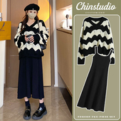 秋冬休闲条纹毛衣 2025新款 连衣裙套装 吊带裙两件套 孕妇秋装