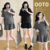 夏季 短裤 新款 上衣托腹裤 两件套 撞色Polo领短袖 2026孕妇套装