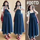 牛仔孕妇背带裙＋纯棉T恤两件套孕妇套装 大码 孕妇装 新款