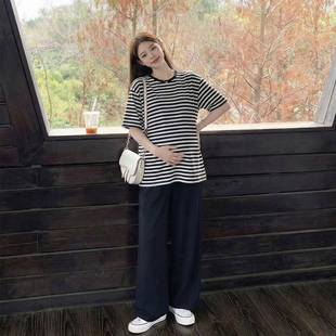 纯棉孕妇装套装夏装新款条纹上衣+打底裤两件套宽松