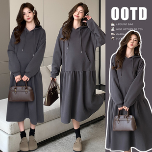 秋冬流行风连帽慵懒宽松孕妇卫衣连衣裙松弛感休闲长裙