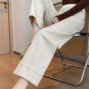 孕妇九分裤纯棉杏色牛仔裤抽绳直筒裤裤腿裤外穿孕妇裤