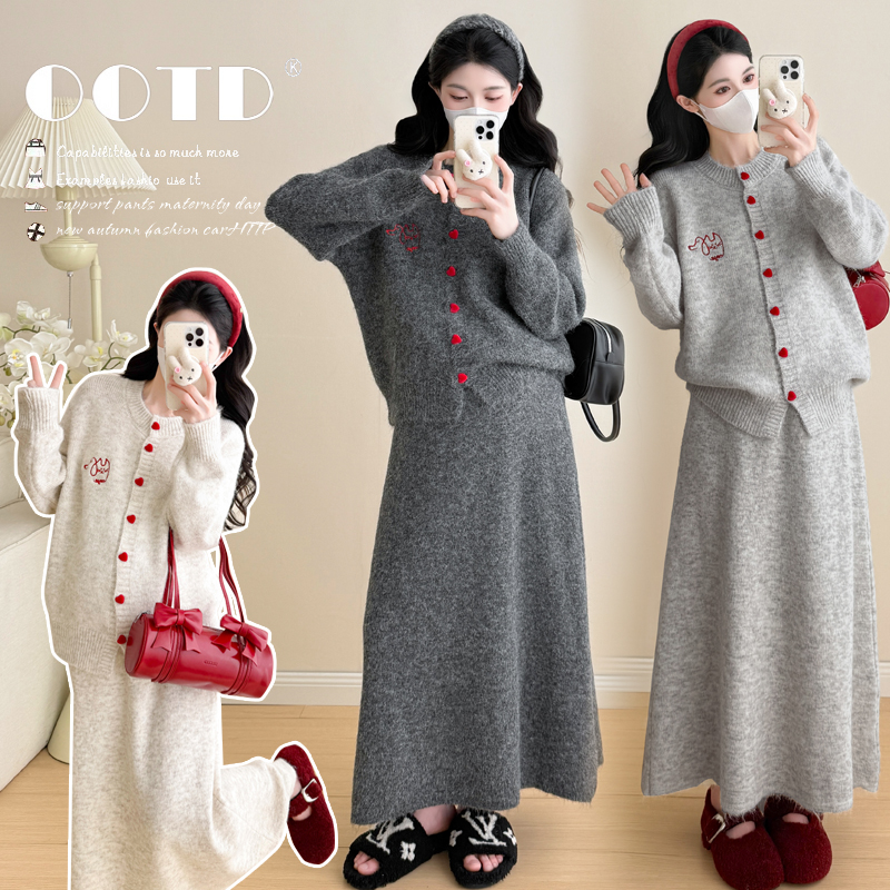 2025秋冬新款韩版时尚猫咪刺绣韩版显瘦开衫半身裙毛衣套装