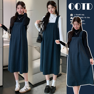 韩版 打底毛衣宽松大码 两件套 条纹显瘦毛呢连衣裙 秋冬新款