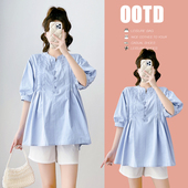 宽松休闲褶皱上衣托腹短裤 孕妇夏装 套装 减龄娃娃衫 两件套 新款