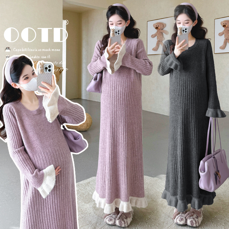 ~秋冬新款毛衣针织孕妇连衣裙花边坑条撞色宽松打底裙