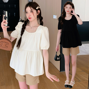 孕妇装套装夏装2026新款夏方领雪纺上衣+短裤两件套宽松