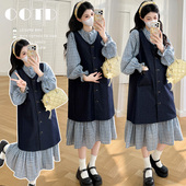 女格纹衬衫 现 韩系牛仔背心连衣裙套装 新款 裙两件套 孕妇春装