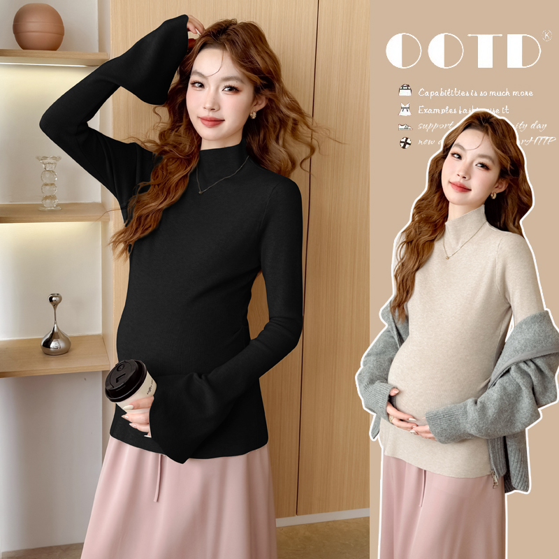 现获  秋冬新款设计感喇叭袖宽松针织加厚孕妇打底衫上衣