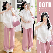 现孕妇夏季 柔软休闲显瘦长裤 短袖 娃娃衫 套装 衬衫