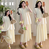 开扣哺乳衬衫 孕妇夏季 套装 V领蕾丝刺绣小香风娃娃衫 上衣 新款