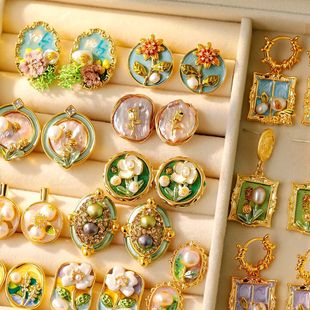 莫奈花园油画风文艺轻奢耳饰巴洛克天然珍珠花朵耳环女高级感耳钉