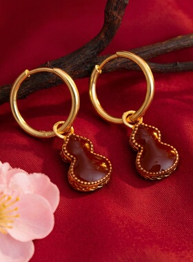 新中式传统轻奢葫芦微镶贝壳耳扣女18K镀金耳坠新年红色百搭耳饰