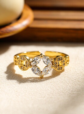 2026新款马年上有钱满镶锆石钱币戒指轻奢设计感开口可调节食指戒