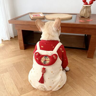 法斗衣服喜庆假两件红色加绒四脚衣秋冬拜年服法斗巴哥恶霸犬衣服