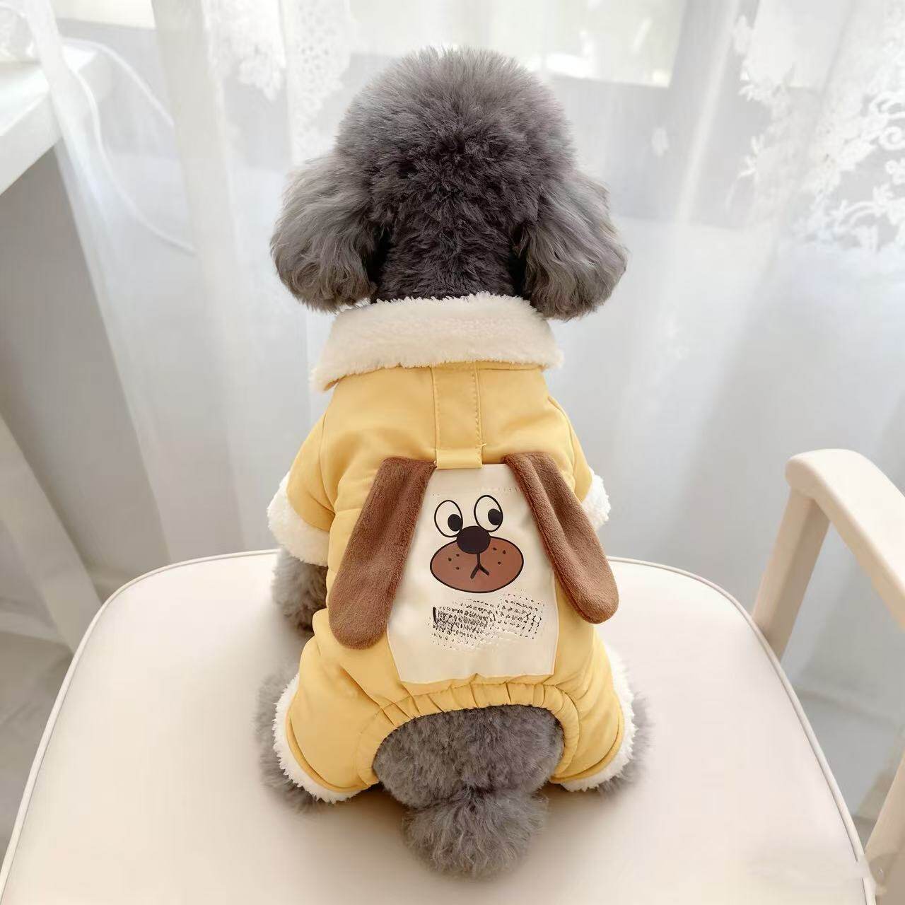 带牵引扣的遛狗衣服比熊贵宾吉娃娃冬季小熊头棉衣宠物狗狗四脚衣