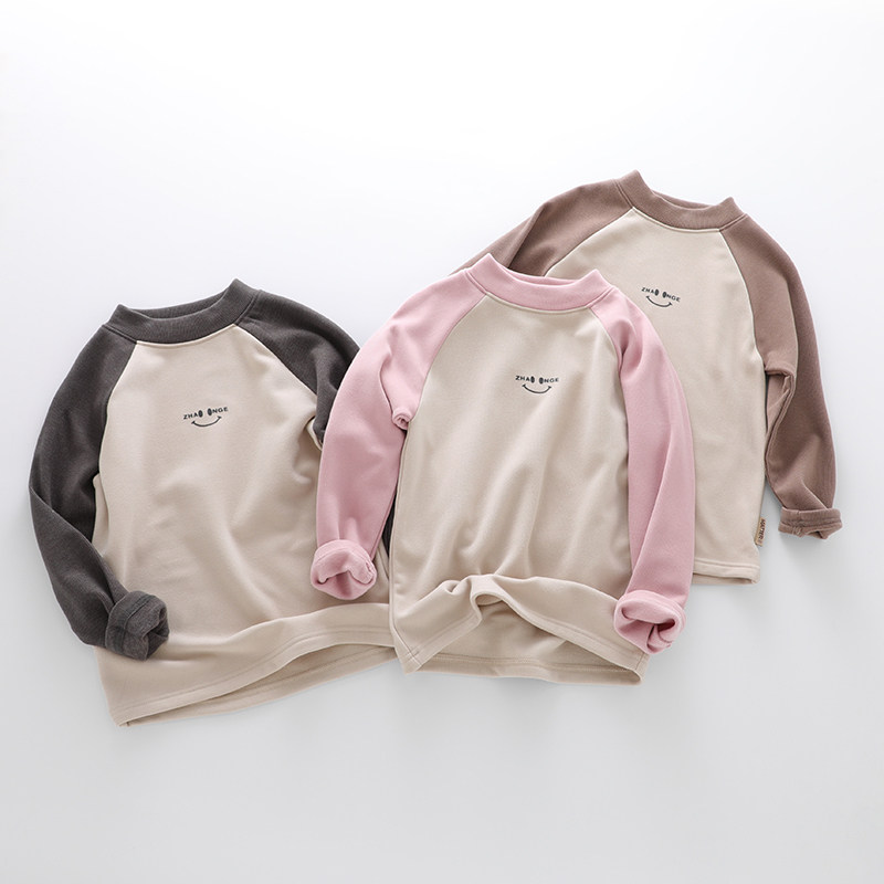 儿童半高领打底衫中大童秋冬一体绒长袖T恤男童女童装内搭保暖衣