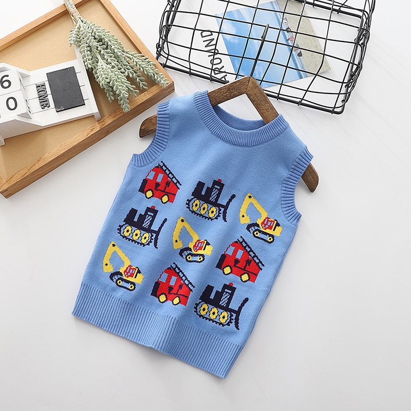 男童春秋薄款针织儿童背心男宝宝小汽车挖机秋冬毛衣小孩毛线马甲