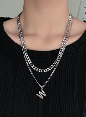 W字母粗项链女钛钢嘻哈轻奢小众