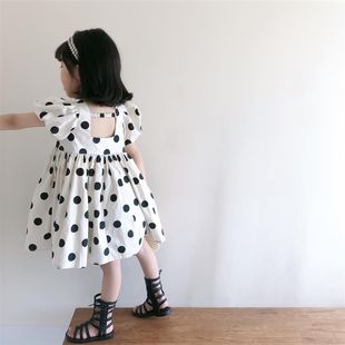 韩版 女童短袖 新款 露背公主裙 波点连衣裙夏季 女孩百褶裙可爱泡泡袖