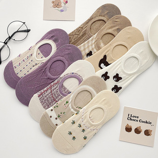 船袜女夏季 硅胶防滑棉袜短袜子浅口紫色可爱日系小熊隐形袜 薄款