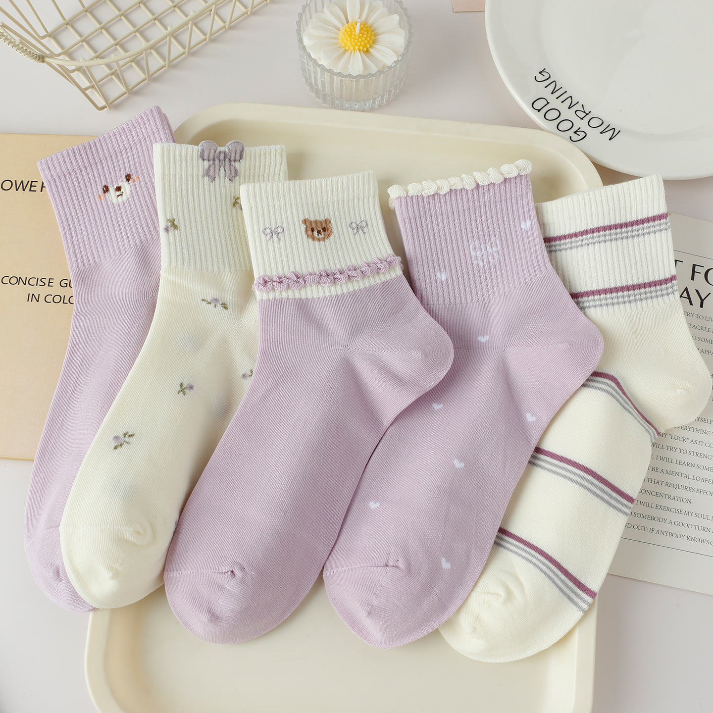 紫色袜子女中筒袜春秋纯棉可爱小熊条纹秋冬韩版学院风外穿百搭