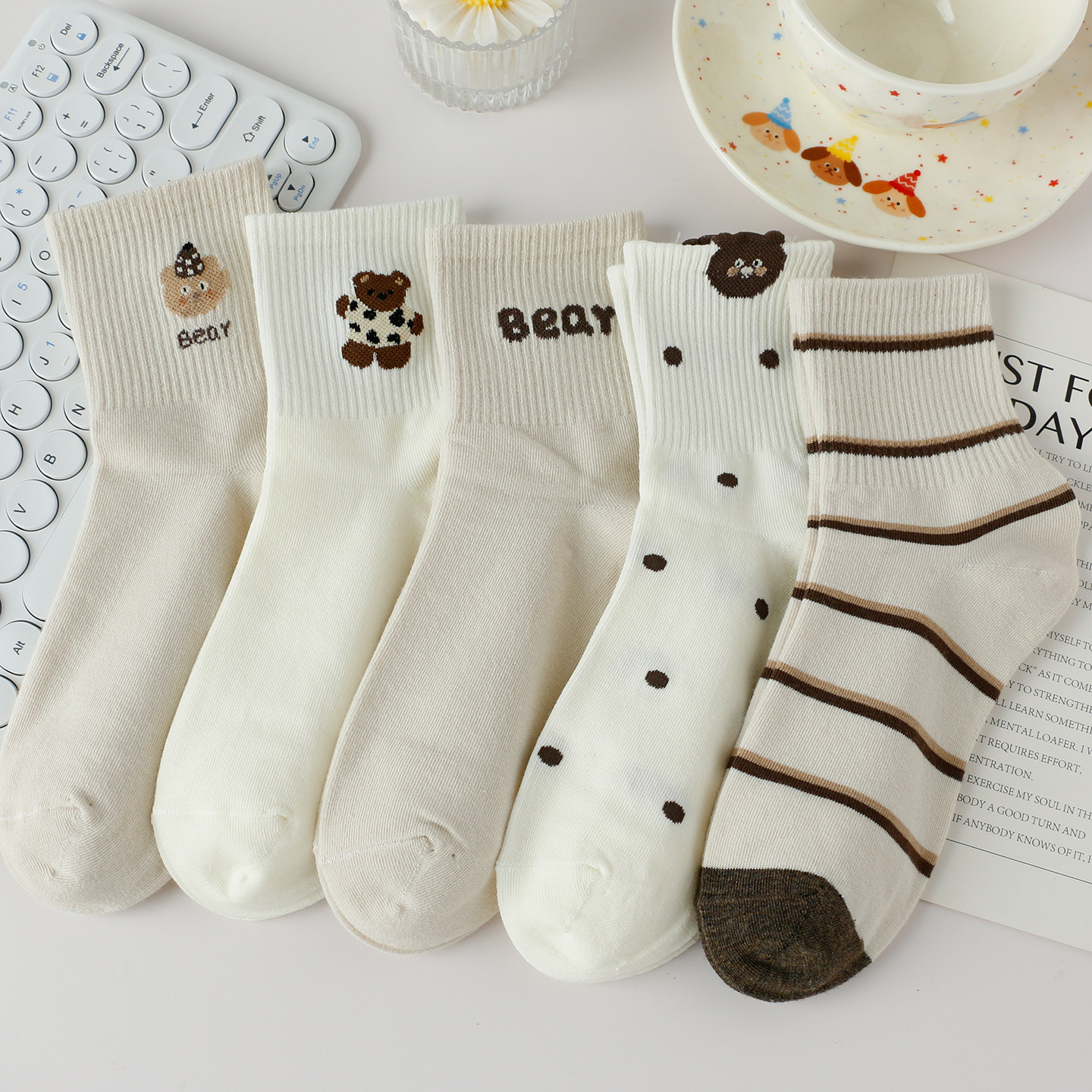 5双可爱小熊中筒袜春秋纯棉卡通
